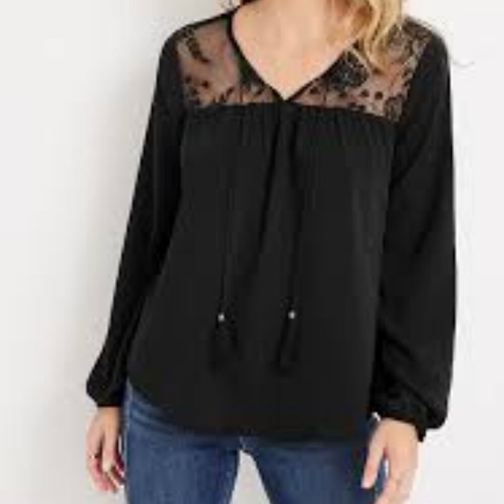 Maurices Black Long Sleeve BOHO Whimisgoth Blouse Top w/ Lace